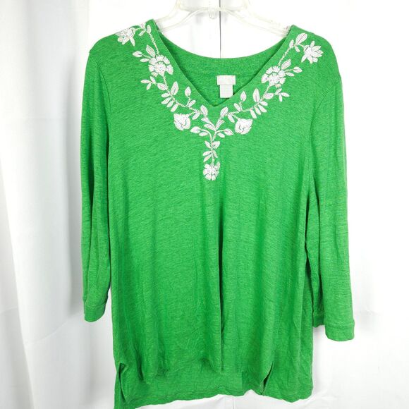 Chicos 3 Womens XL Green Linen V-Neck Embroidered Floral 3/4 Sleeve Shirt Blouse - Picture 1 of 7
